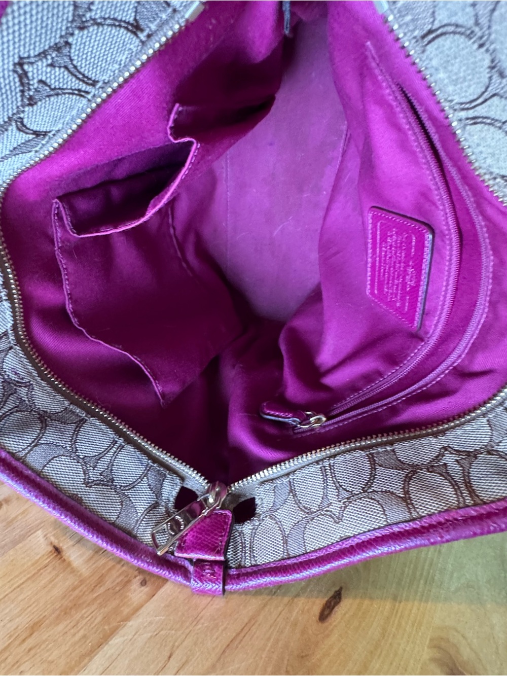 Coach Beige Signature Tote with Magenta Trim and Straps - Picture 11 of 15